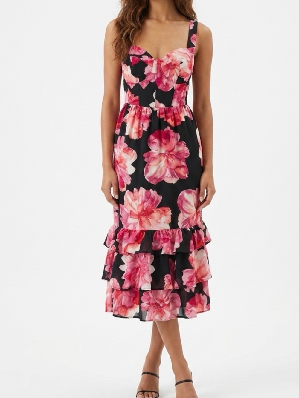 Sofia Vergara Floral Black Sundress Romantic Midi Flowy Size XXXL 3XL